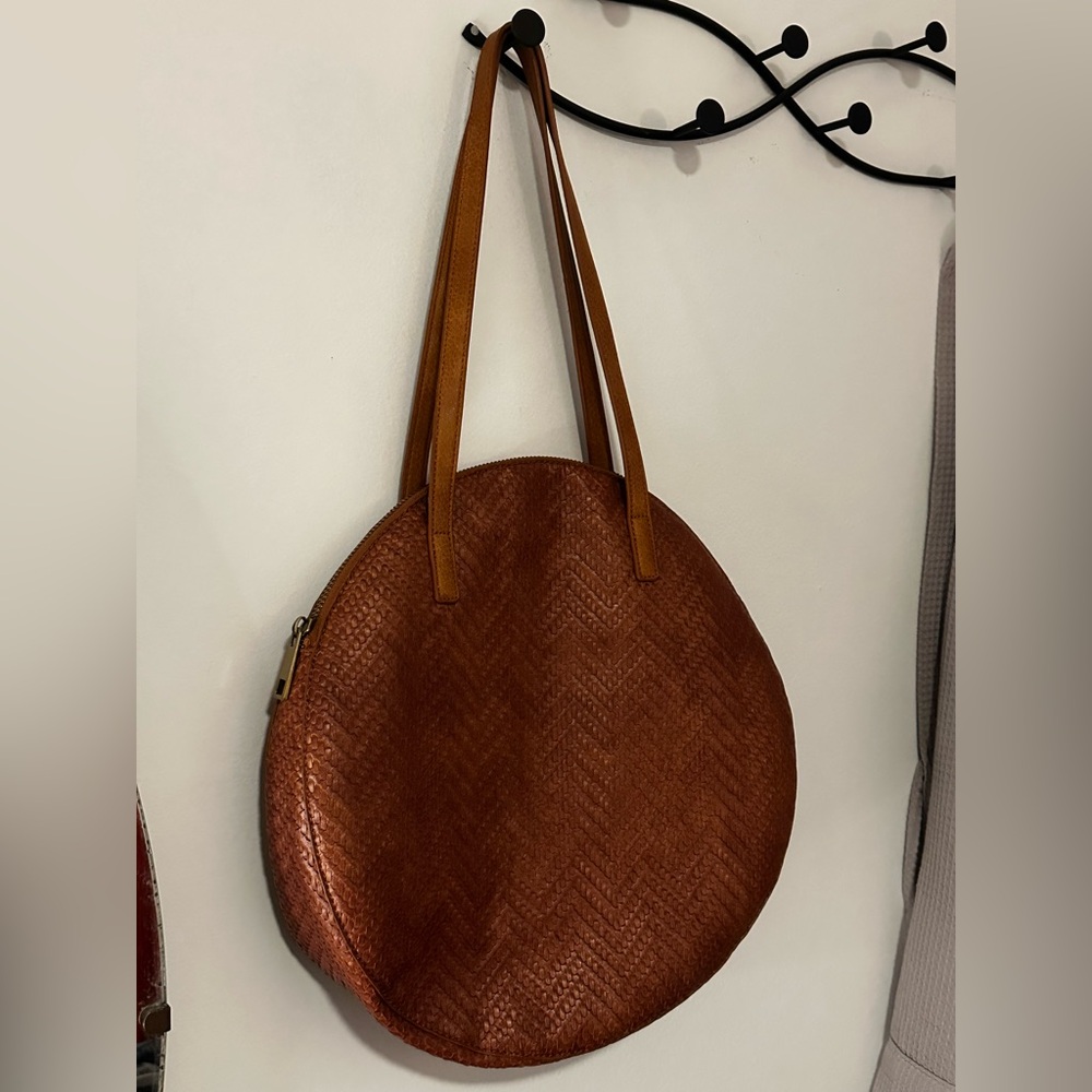 Anthropologie Round Woven Shoulder Bag in Warm Brown